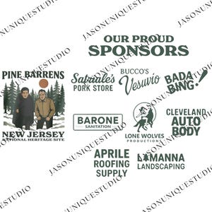 Puede incluir: Gráfico con el texto "OUR PROUD SPONSORS" y varios logotipos, incluyendo "PINE BARRENS NEW JERSEY NATIONAL HERITAGE SITE" y "BUCCO'S Vesuvio". La imagen es en tonos de verde y blanco.