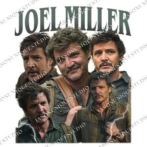 May include: A white graphic tee featuring multiple images of Joel Miller with the text "JOEL MILLER" in a dark green font. The images show Joel Miller in various poses, wearing a green shirt and a brown bag.