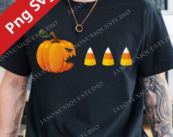 May include: Black t-shirt featuring a Halloween-themed graphic. The design includes an orange pumpkin with a carved face and three candy corn pieces. The text "Png Svg" is in the upper left corner.