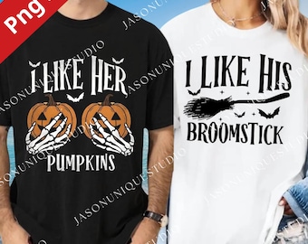 Eu gosto da vassoura dele, eu gosto das abóboras dela PNG, design engraçado de combinação de casal de Halloween, download digital de outono assustador, Halloween fofo PNG