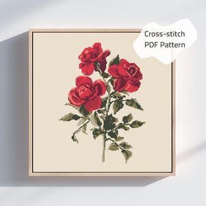 Vintage Rose Kreuzstich PDF Schnittmuster Rote Blumenmuster X-Stich Botanische Elegante Download druckbare Stickerei Blumen Kreuzstich Stickmuster