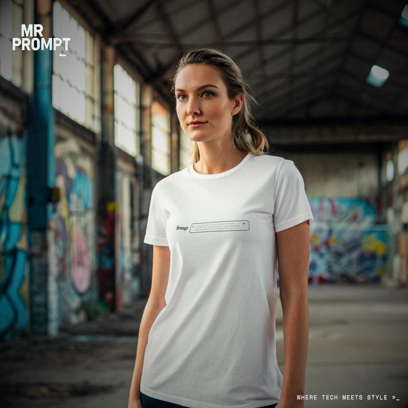May include: A white t-shirt featuring a black search bar graphic with the word "prompt" printed on the front. The short-sleeved shirt is worn by a person in an industrial setting. The text "MR PROMPT" is in the upper left corner of the image.