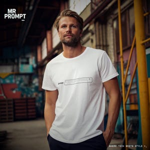 Peut inclure: Un t-shirt blanc avec un graphisme noir représentant une barre de recherche et le mot "prompt". La personne porte le t-shirt dans un cadre industriel. La marque "MR PROMPT" est visible en haut à gauche.
