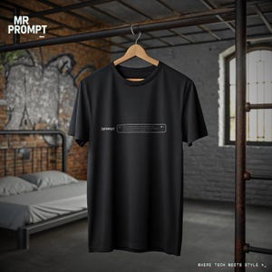 May include: Black t-shirt featuring the text "/prompt" and a text box design. The shirt is suspended on a wooden hanger. The background includes a brick wall and the words "WHERE TECH MEETS STYLE >_" at the bottom.