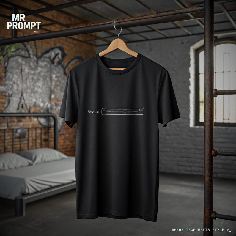 May include: Black t-shirt featuring the text "/prompt" and a text box design. The shirt is suspended on a wooden hanger. The background includes a brick wall and the words "WHERE TECH MEETS STYLE >_" at the bottom.