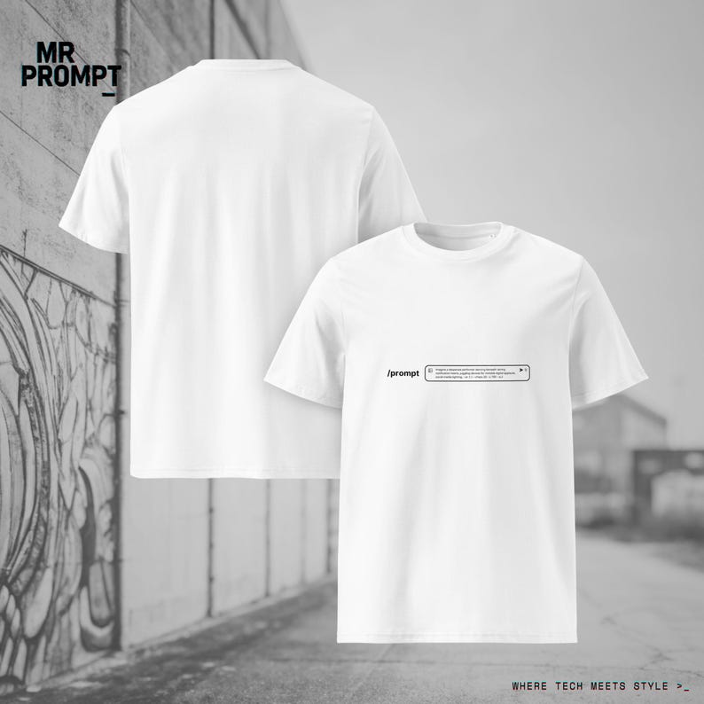 May include: Two white t-shirts. One shows the back of the shirt, the other displays the front with the text "/prompt" and a text box. The top left corner of the image has the text "MR PROMPT_". The bottom right corner of the image has the text "WHERE TECH MEETS STYLE >_".