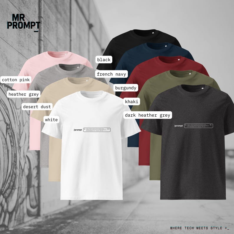 May include: A selection of short-sleeved t-shirts in colours such as white, black, and pink. Each shirt has a printed design and the text "/prompt". The shirts are displayed against a neutral background, showcasing the range of available colours.