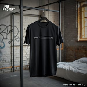 Op de afbeelding: Zwart t-shirt met de tekst "/prompt" boven een zoekbalk. Het t-shirt hangt aan een zwarte hanger. De achtergrond omvat een bakstenen muur en een bed. De woorden "WHERE TECH MEETS STYLE" staan onderaan.