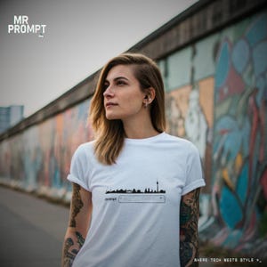 Op de afbeelding: Wit T-shirt met een zwarte skyline-afbeelding en het woord "/prompt" in een zoekbalkontwerp. De persoon die het shirt draagt, staat voor een kleurrijke muurschildering. De tekst "WHERE TECH MEETS STYLE >_" is ook zichtbaar.