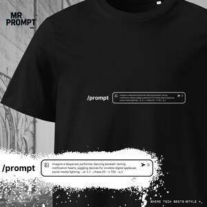 May include: Black t-shirt featuring the text "/prompt" and a graphic with the text "Imagine a desperate performer dancing beneath raining notification hearts, juggling devices for invisible digital applause, social-media lighting, --ar 1:1 --chaos 20 --s 750 --q 2".