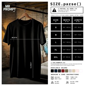May include: A black unisex organic cotton t-shirt displayed on a hanger. The image includes a size chart with measurements in cm, and washing instructions. The available colors are displayed below the size chart.