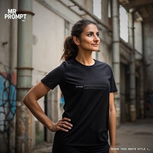 Op de afbeelding: Een zwart t-shirt met de tekst "/prompt" boven een toetsenbordafbeelding. Het shirt heeft ook de tekst "WHERE TECH MEETS STYLE >_". Het t-shirt wordt door een persoon gedragen.