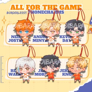Peut inclure: Six breloques de téléphone de style anime avec des personnages de dessins animés en uniformes orange et blancs. Chaque breloque a une coiffure et un numéro différents. Le texte "ALL FOR THE GAME" et "BORDERLESS!! PHONECHARMS" sont en haut. Hauteur d'environ 4,5 cm.