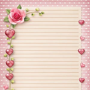 May include: A digital illustration of a lined paper design with a pink polka dot border. The border is decorated with pink hearts and roses. The paper has a light beige colour and is surrounded by a pink dotted background.