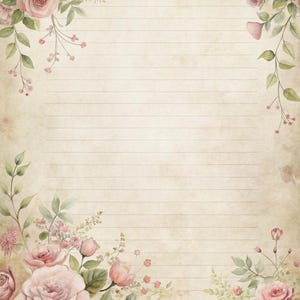 Pagine di cancelleria con motivi floreali vintage – Pacchetto di carta a righe per diario (Download immediato)