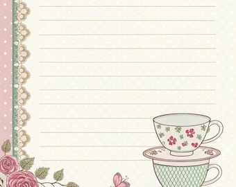 16 Lace Teacup Recipe Book, Kitchen Planner  Journal – Digital Download kitchen journal planner,Shabby Chic Lace 20Teacup Motifs with Lined