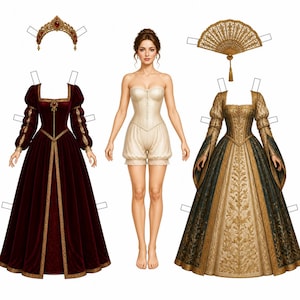 May include: A paper doll set featuring a central figure in a cream corset and bloomers, a deep burgundy velvet gown with gold trim, a gold crown with red gems, a gold folding fan, and a gold and dark green embroidered gown with long sleeves.
