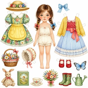 May include: A paper doll set featuring a young figure with braided hair, multiple outfits including a floral dress and a yellow cardigan ensemble, a straw hat, a bonnet, a basket of flowers, a stuffed rabbit, a book, a teacup, and boots.