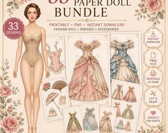 Bundel Victoriaanse papieren poppen, printbare aankleedpoppen, bloemenjurken (digitale download)