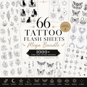 Paquete gigante de 66 láminas de diseños de tatuajes de líneas finas, con diseños botánicos, de brujería y celestiales (descarga digital).