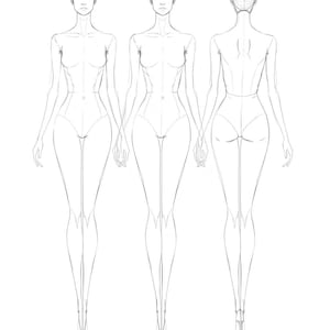 May include: Three fashion figure sketches in a row, each depicting a slender female form. The front view, side view, and back view are all in a simple line drawing style. The figures are drawn in a neutral color, with a focus on the body's silhouette.