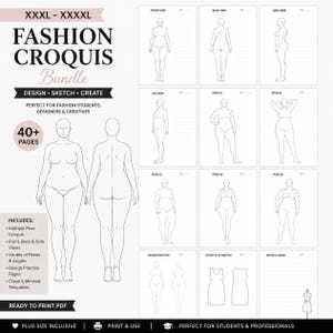 May include: A digital fashion croquis bundle for XXXL-XXXXL sizes featuring over 40 pages of templates. Includes front, back, and side views, various poses, design practice pages, and outfit flat sketches with clean black line art on white backgrounds.