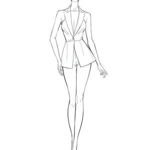 Pode incluir: Desenho a traço de um design de moda com uma mulher em um blazer e shorts sob medida. O blazer tem um fecho de um botão e uma bainha estilo peplum. A figura está usando saltos pontudos.