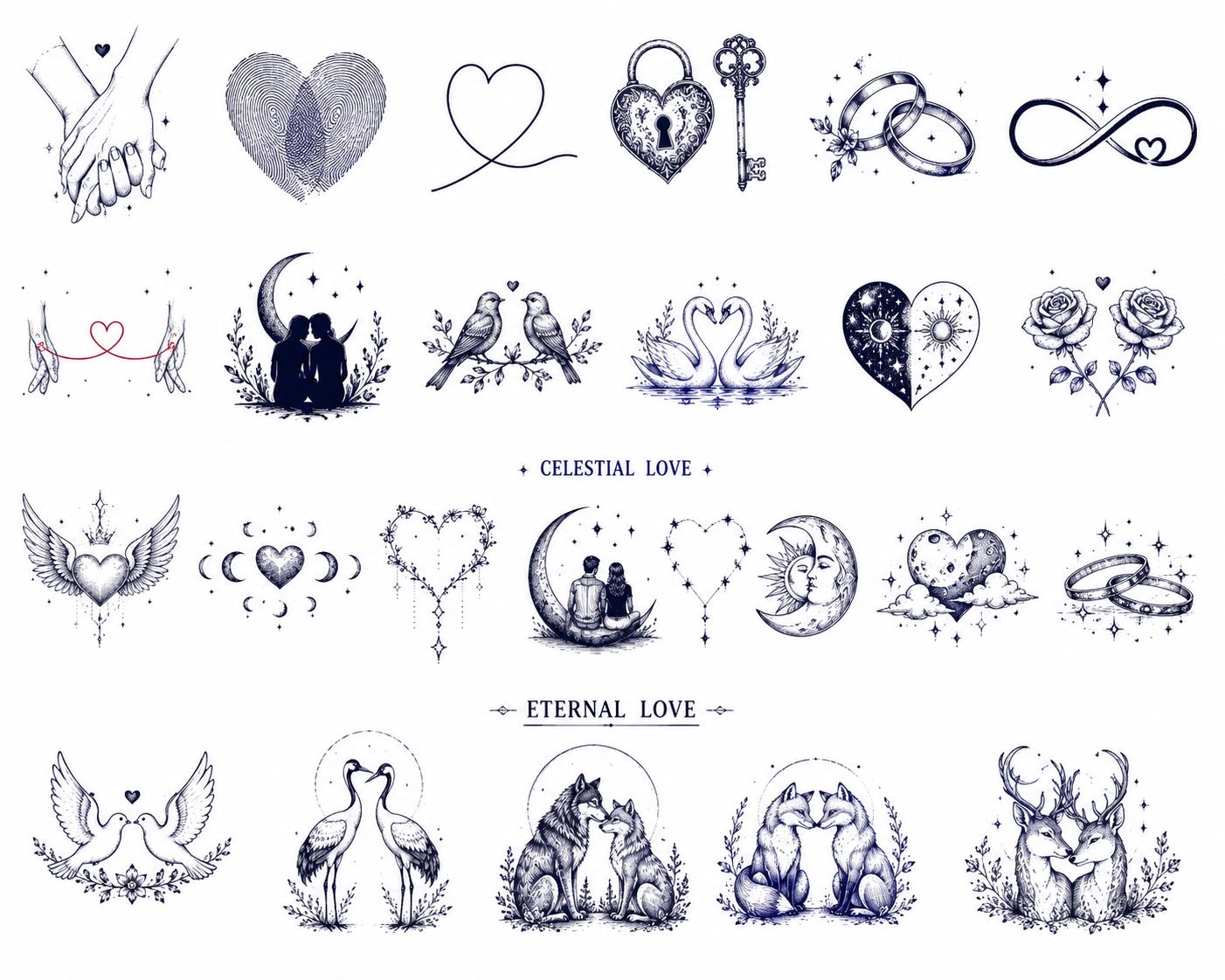 Women's Love, Wedding & Bachelorette Tattoo Bundle,500+ Elegant Blue Tattoo Flash Elements