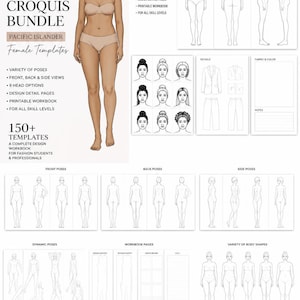 Könnte beinhalten: Ein digitales Mode-Croquis-Paket mit über 150 Vorlagen für pazifische Inselbewohner-Figuren. Enthält Vorder-, Rück- und Seitenansichten, 9 Kopfoptionen, Designdetailseiten und ein druckbares Arbeitsbuch für Modestudenten und Profis.