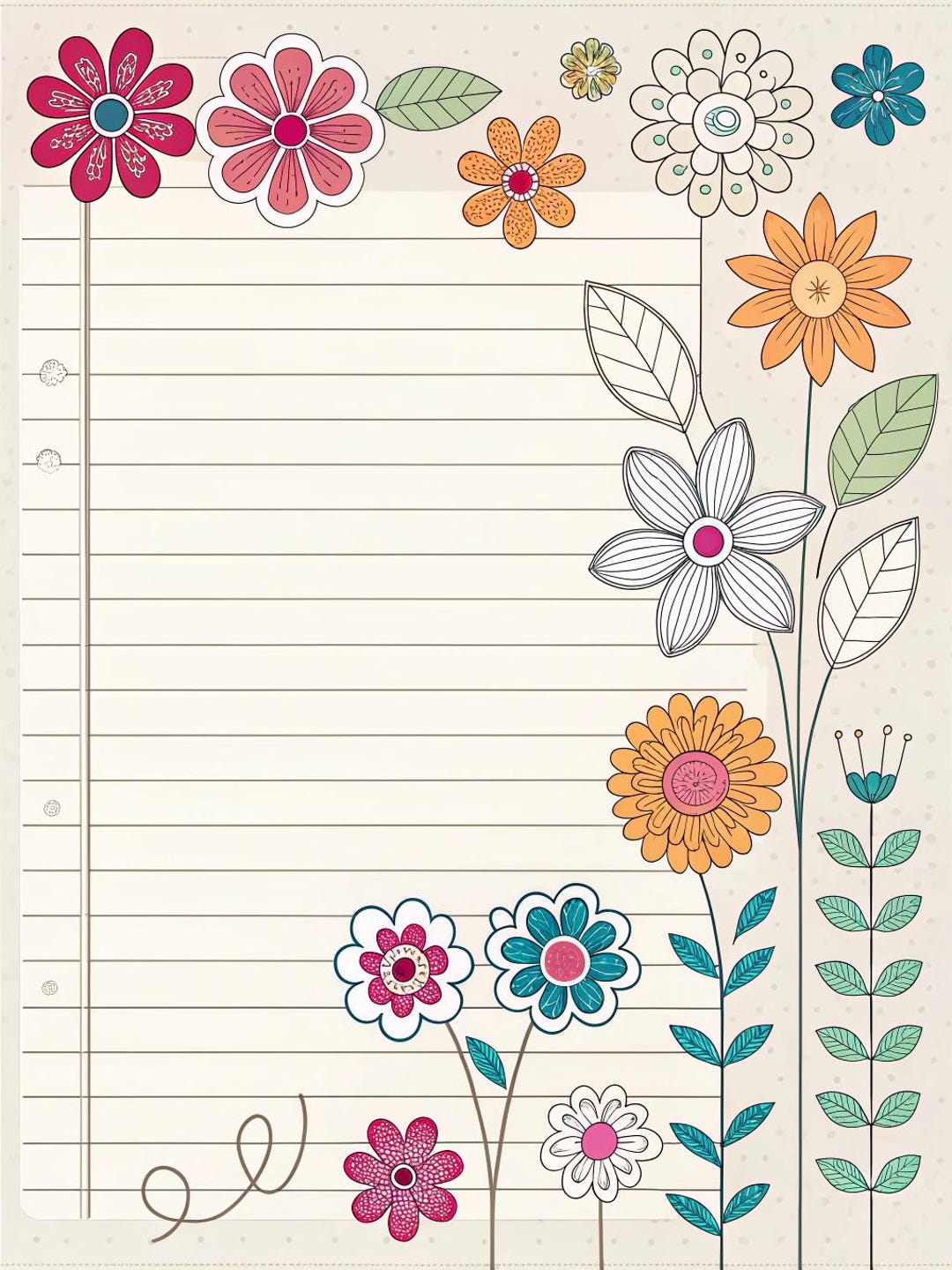 Floral Lined Writing Paper: 30 Printable Notebook Page Template ...