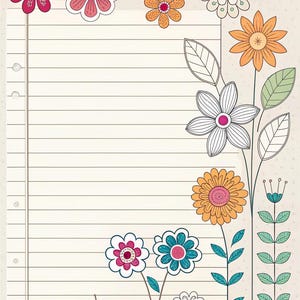 May include: A lined paper design with a floral border. The flowers are in shades of pink, orange, blue, and white, with green leaves. The background is a light beige with small white dots. The paper has a three-hole punch on the left side.