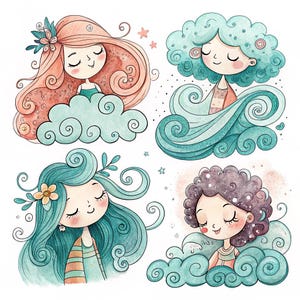 5 Whimsical Cyan Swirl Art , Digital Cartoon Print ,5 Unique Illustration Style, Different Cartoon Style of Beauty, Cyan Swirls and Lines