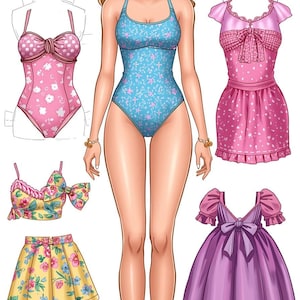 May include: A paper doll with various outfits and accessories. The doll wears a blue swimsuit with a floral pattern. Outfits include a pink swimsuit, a yellow floral skirt, a purple dress, and a straw hat with a pink bow.