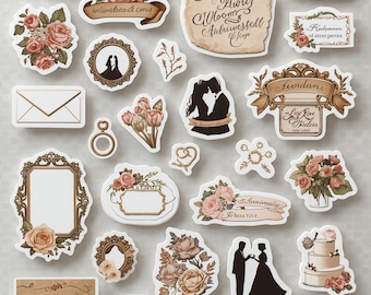 May include: A collection of wedding-themed stickers featuring illustrations of roses, silhouettes of couples, ornate frames, a tiered cake, a ring, an envelope, and vintage-style parchment paper with cursive text including Bettel Trudlend and Velings.