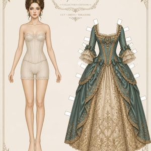 May include: A paper doll set titled Victorian & Rococo Paper Dolls Collector's Edition. The set includes a figure in a cream corset and shorts, and a separate teal and bronze gown with lace trim, bows, and intricate embroidery details.