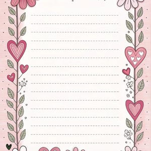 Può includere: Carta da lettere a righe rosa e bianca con un bordo floreale e a forma di cuore. Il bordo presenta fiori rosa, cuori e foglie verdi. Lo sfondo è rosa chiaro con una trama a venature di legno.