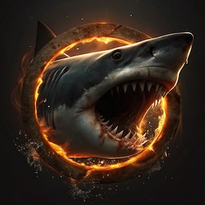 May include: A large great white shark with its mouth open, revealing sharp teeth, is surrounded by a fiery orange ring. The shark's head and body are in focus, while the background is dark.