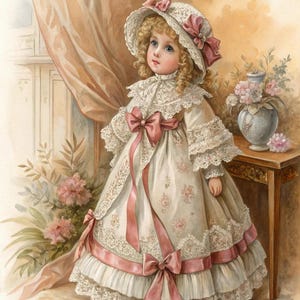 Vintage Porcelain Doll Watercolor Clipart,38 nostalgic clipart, 38 victorian doll art, cute doll print, vintage nursery art, lace dress doll