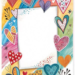 May include: A vibrant frame design featuring a central white rectangle surrounded by colourful hearts. The hearts are in shades of red, orange, yellow, blue, and purple, set against a rainbow backdrop. Black star and leaf motifs add to the decorative appeal.