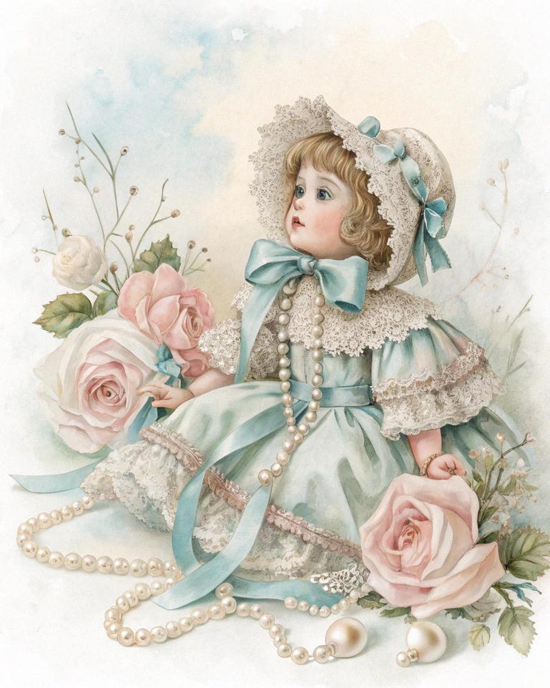 Antique Doll Illustration: Victorian Lace Gown, Pearls & Roses (digital ...