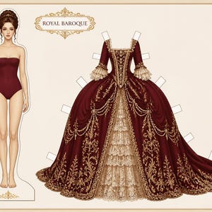 Könnte beinhalten: Ein Papierpuppen-Set mit einer Figur in einem dunkelroten Body und einem separaten, aufwendigen dunkelroten und goldenen Kleid mit Spitzenbesatz, beschriftet mit ROYAL BAROQUE. Das Kleid hat einen eckigen Ausschnitt und einen weiten Rock.