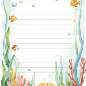 Può includere: Carta da lettere ad acquerello con tema sottomarino. Il design presenta una carta bianca a righe con illustrazioni di pesci, coralli, alghe e bolle nei toni del blu, verde, arancione e rosa. Perfetta per scrivere lettere o appunti.