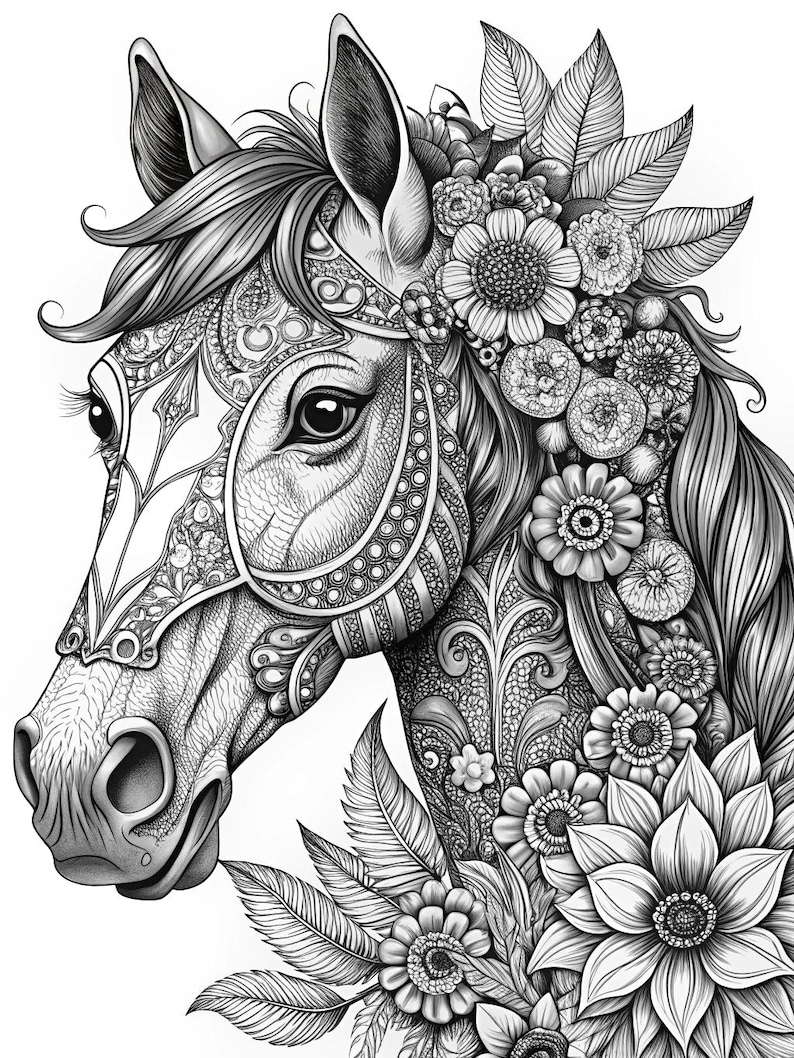 2026 Year of the Horse Coloring Page – Floral Printable Calendar (PDF