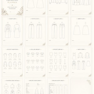 Peut inclure: Un carnet de croquis de mode technique avec des illustrations au trait noir sur pages blanches. Il comprend des sections pour les robes, chemisiers, vestes, manteaux, pantalons, jeans et jupes, ainsi que des bibliothèques de manches et cols.