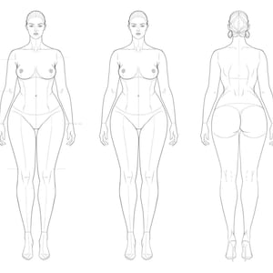 Puede incluir: Tres ilustraciones de figuras de moda en fila, cada una representando el cuerpo de una mujer en una pose diferente. Las figuras están dibujadas en un estilo de línea simple, mostrando las vistas frontal, lateral y posterior. Las figuras llevan ropa interior y tacones.