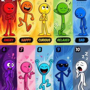 May include: A colourful chart featuring ten numbered stick figures representing emotions. Each figure is a distinct colour with a corresponding label: Angry, Happy, Curious, Relaxed, Sad, Scared, Loving, Excited, Confident, and Tired, displayed in two rows.