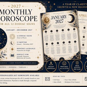 May include: A 2027 monthly horoscope guide featuring celestial illustrations of suns, moons, and blue flowers. The document includes text for all 12 zodiac signs from January to December, with sections for monthly guidance, inspiration, and insight.