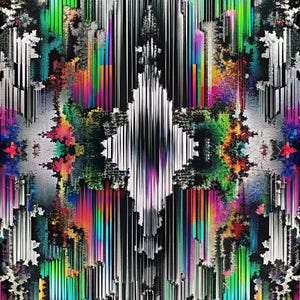 Può includere: Opera d'arte digitale astratta con un design simmetrico. L'opera presenta linee verticali in bianco, nero e uno spettro di colori tra cui rosa, verde, blu e giallo. L'effetto complessivo è una composizione vibrante e strutturata.