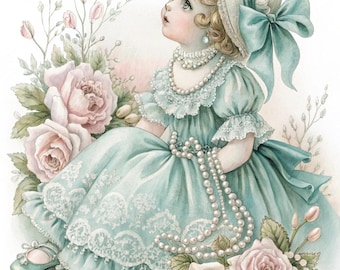 水彩画風ヴィンテージ磁器人形のクリップアート35点：シャビーシックなエフェメラ（デジタルダウンロード）