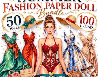 Pacchetto di bambole di carta a tema moda estiva, 50 bambole, 100 abiti (download digitale)